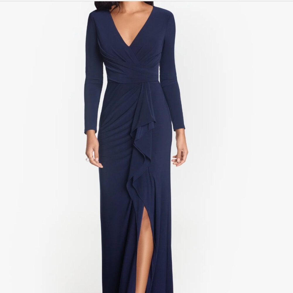 Betsey Adam Elle A24450 Faux Wrap Cascade Jersey Gown - size 12P